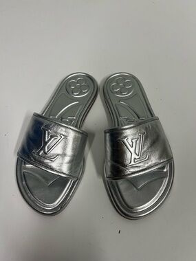 Louis Vuitton Metallic Silver Logo Slide Sandals